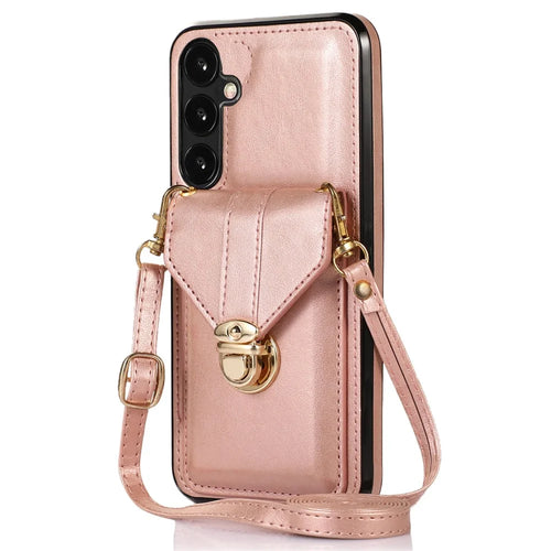 For Samsung Galaxy A15 5G Case Phone Pouch Shoulder Bag Card Holder PU Leather+TPU Cover - Rose Gold - 1