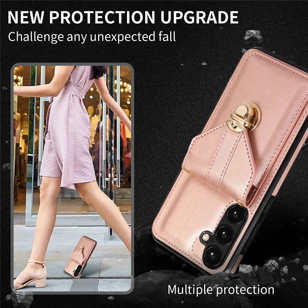 For Samsung Galaxy S23 FE Case Card Holder PU Leather+TPU Shockproof Cover - Rose Gold - 6