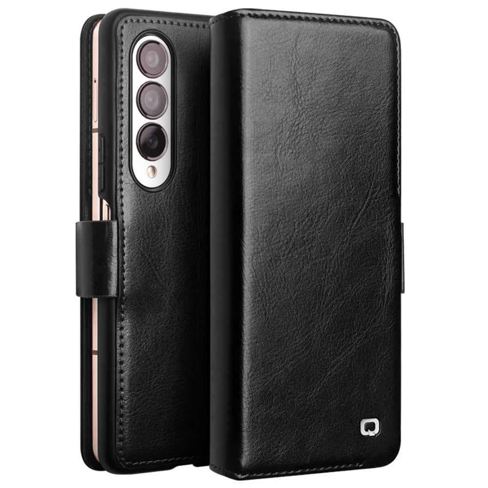 QIALINO For Samsung Galaxy Z Fold4 5G Genuine Cow Leather Case Wallet Magnetic Phone Cover - Black - 1