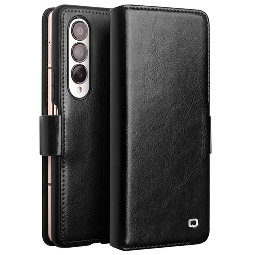 QIALINO For Samsung Galaxy Z Fold4 5G Genuine Cow Leather Case Wallet Magnetic Phone Cover - Black - 1