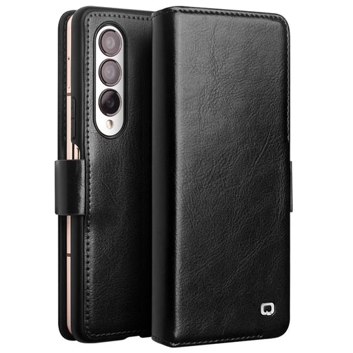 QIALINO For Samsung Galaxy Z Fold4 5G Genuine Cow Leather Case Wallet Magnetic Phone Cover - Black - 1