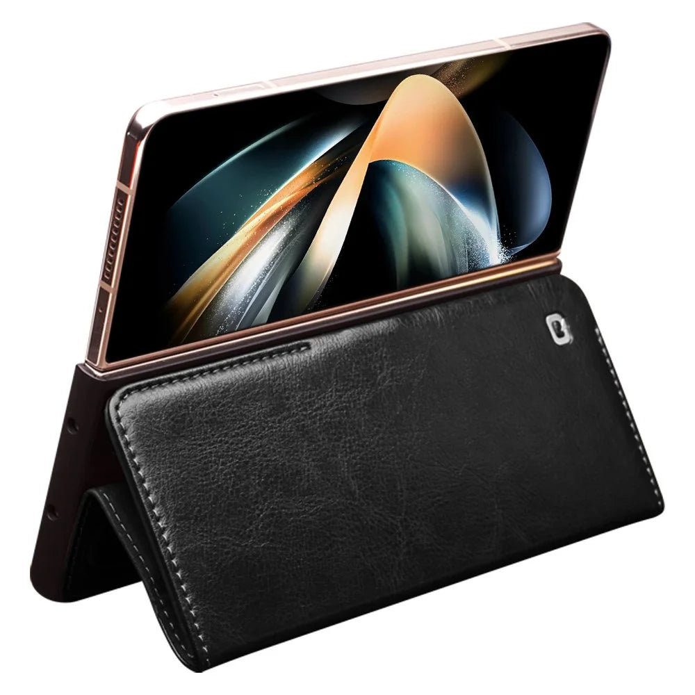 QIALINO For Samsung Galaxy Z Fold4 5G Genuine Cow Leather Case Wallet Magnetic Phone Cover - Black - 2