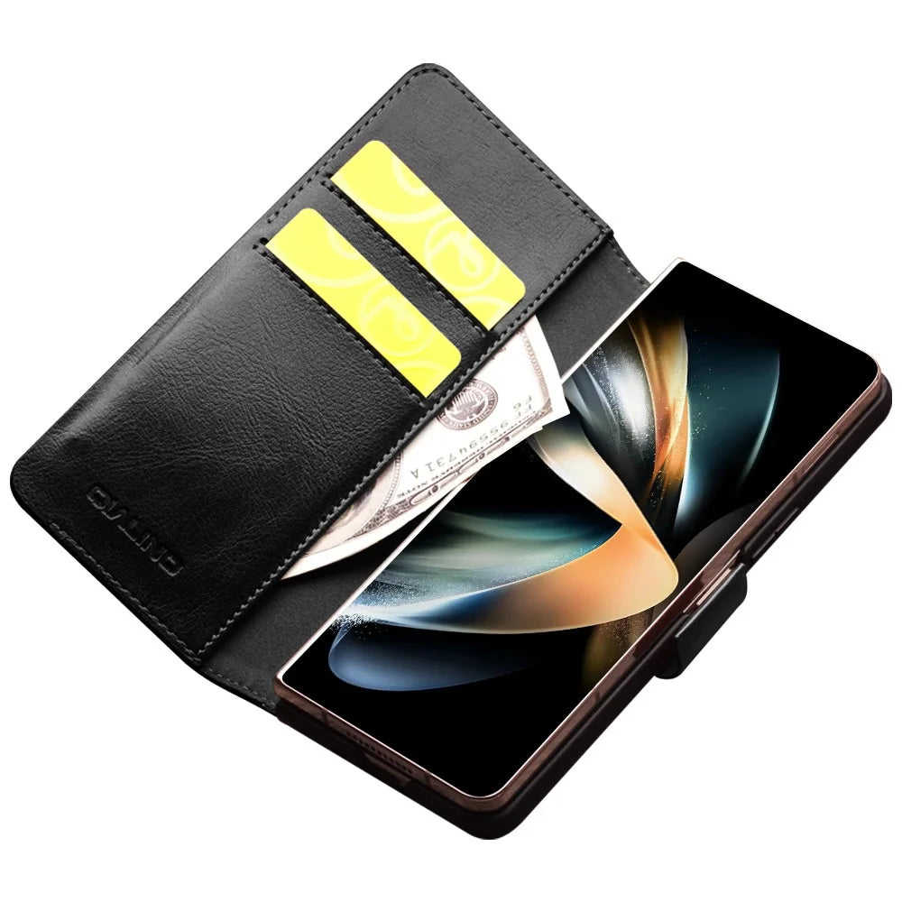 QIALINO For Samsung Galaxy Z Fold4 5G Genuine Cow Leather Case Wallet Magnetic Phone Cover - Black - 3
