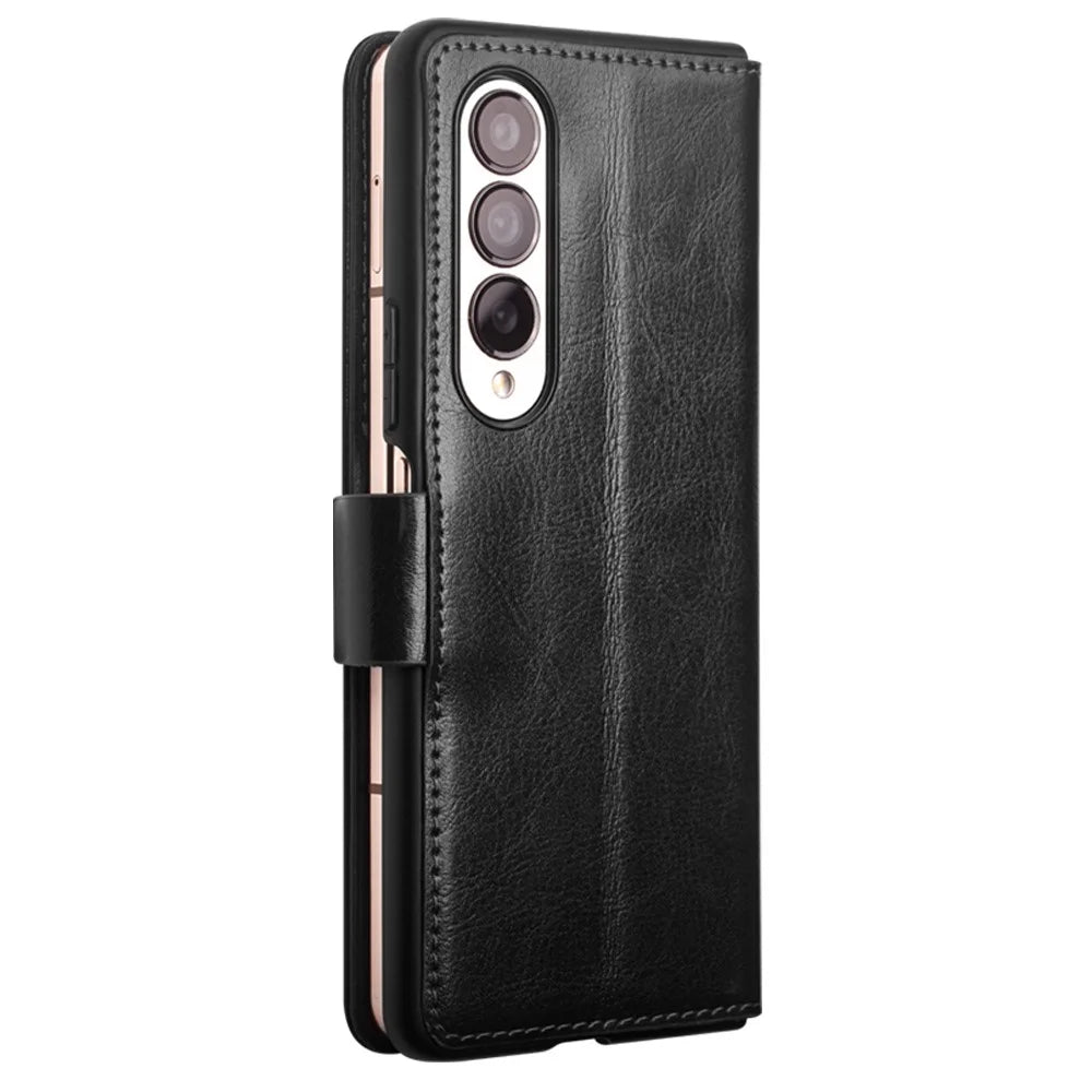 QIALINO For Samsung Galaxy Z Fold4 5G Genuine Cow Leather Case Wallet Magnetic Phone Cover - Black - 4