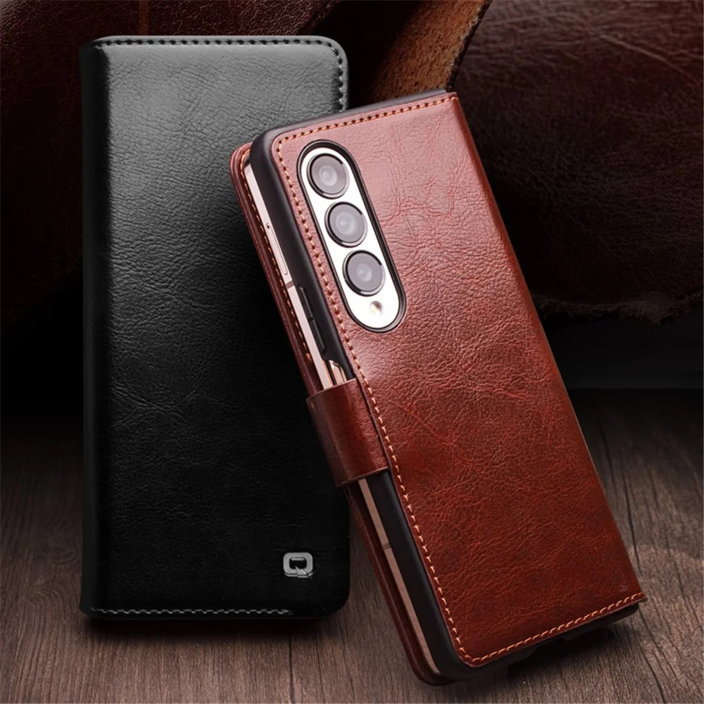QIALINO For Samsung Galaxy Z Fold4 5G Genuine Cow Leather Case Wallet Magnetic Phone Cover - Black - 6