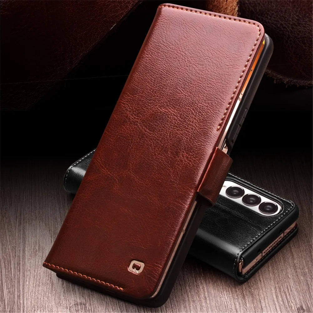 QIALINO For Samsung Galaxy Z Fold4 5G Genuine Cow Leather Case Wallet Magnetic Phone Cover - Black - 7