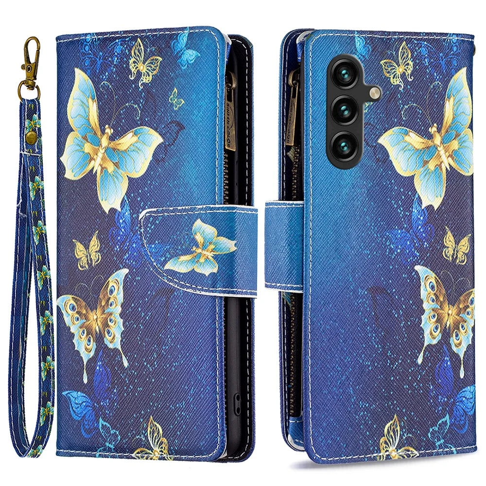 BF03 For Samsung Galaxy A55 5G Leather Case Magnetic Zipper Flip Phone Cover - Golden Butterflies - 1