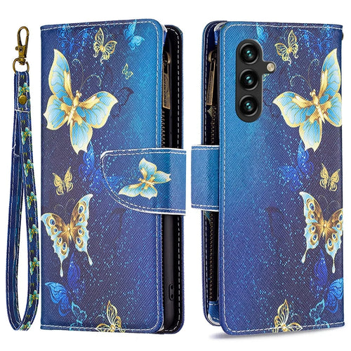 BF03 For Samsung Galaxy A55 5G Leather Case Magnetic Zipper Flip Phone Cover - Golden Butterflies - 1