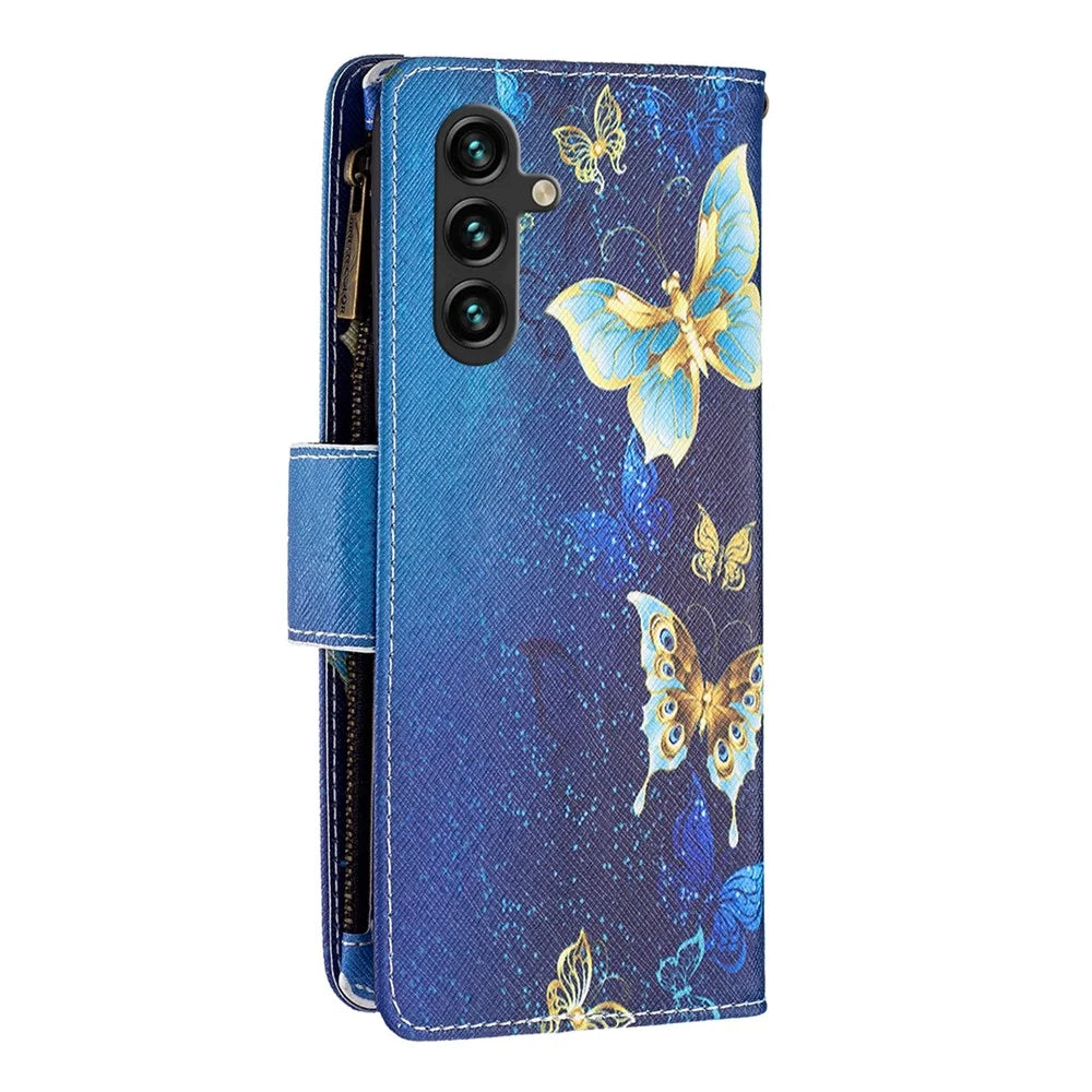 BF03 For Samsung Galaxy A55 5G Leather Case Magnetic Zipper Flip Phone Cover - Golden Butterflies - 6