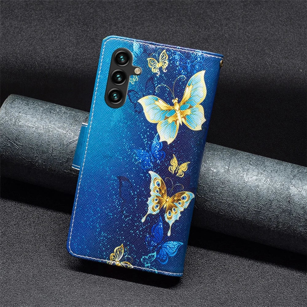 BF03 For Samsung Galaxy A55 5G Leather Case Magnetic Zipper Flip Phone Cover - Golden Butterflies - 7
