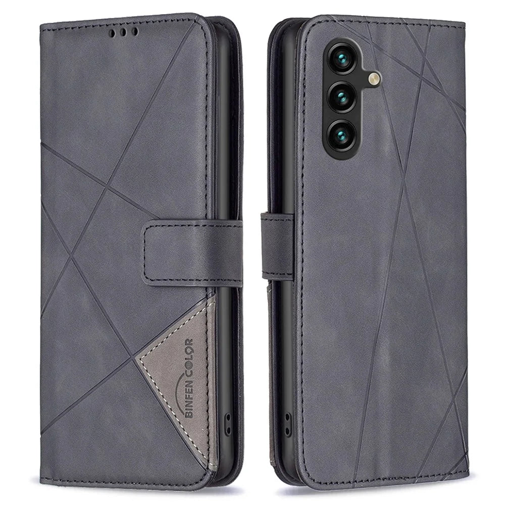 BINFEN COLOR For Samsung Galaxy A55 5G Phone Cases Wallet Stand Geometry Imprint Leather Cover - Black - 1