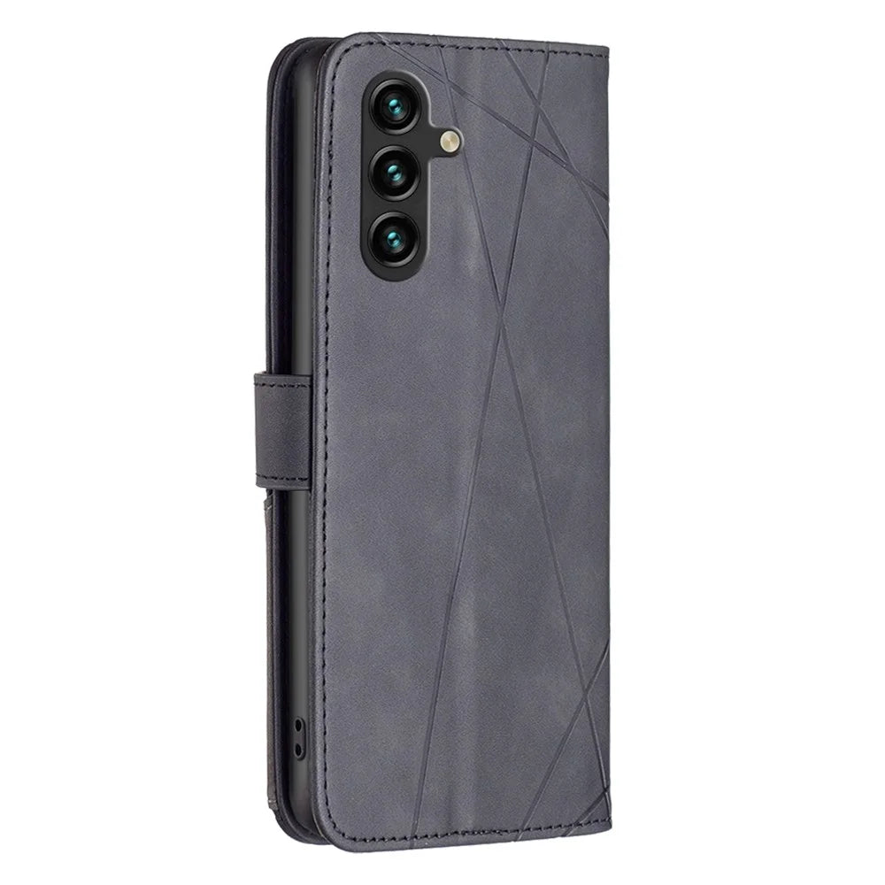 BINFEN COLOR For Samsung Galaxy A55 5G Phone Cases Wallet Stand Geometry Imprint Leather Cover - Black - 5