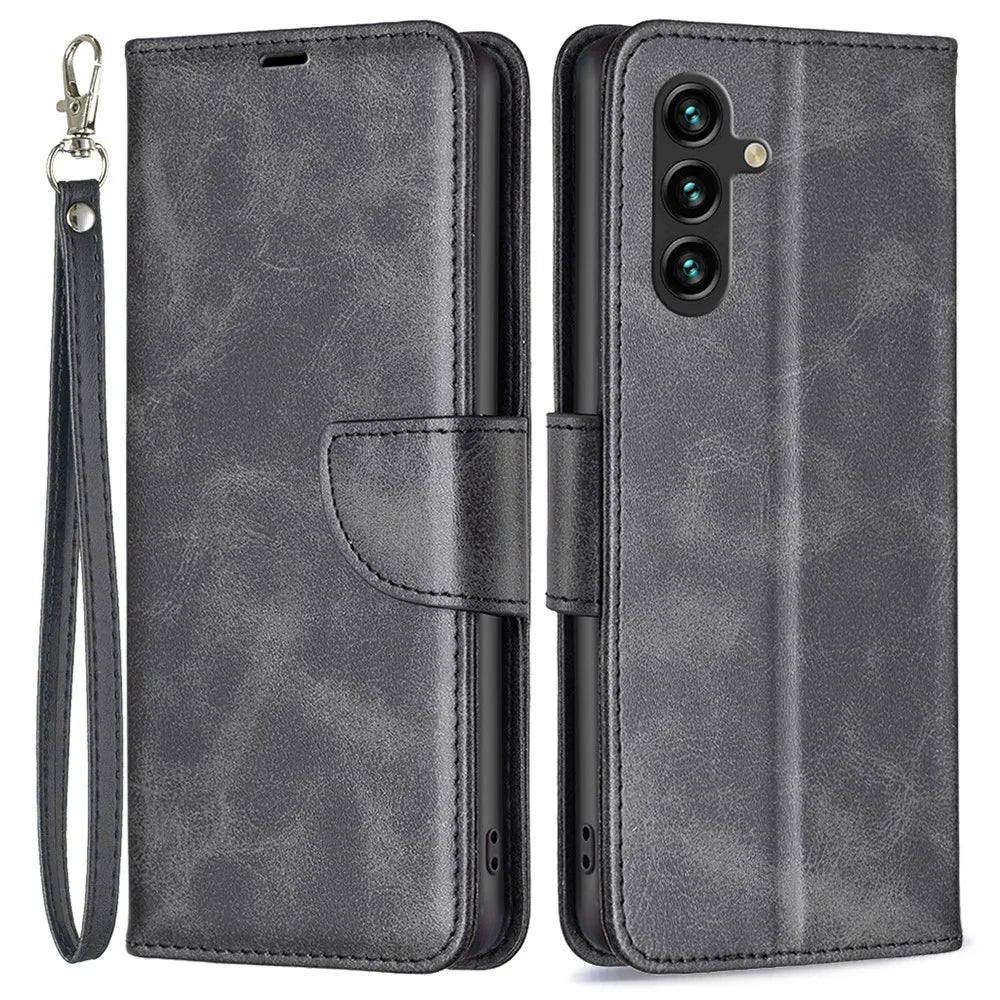 For Samsung Galaxy A55 5G Textured Wallet Anti-Scratch Cell Phone Case PU Leather Stand Cover - Black - 1