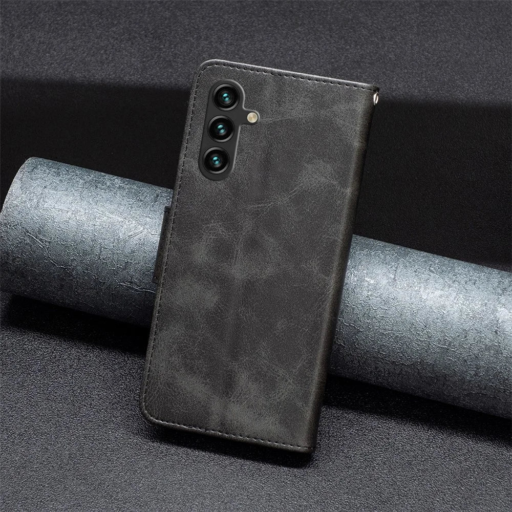 For Samsung Galaxy A55 5G Textured Wallet Anti-Scratch Cell Phone Case PU Leather Stand Cover - Black - 6