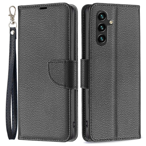 For Samsung Galaxy A55 5G Wallet Case with Wrist Strap Litchi Texture Leather Phone Stand Cover - Black - 1