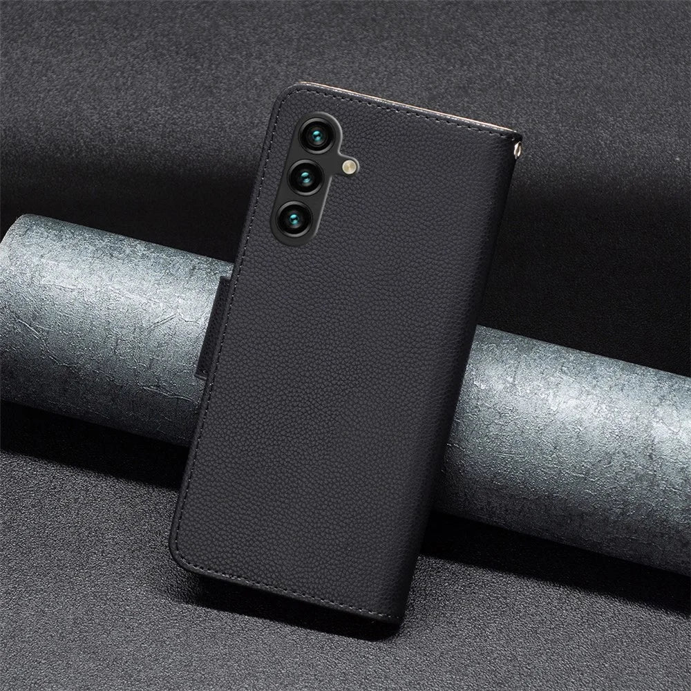 For Samsung Galaxy A55 5G Wallet Case with Wrist Strap Litchi Texture Leather Phone Stand Cover - Black - 6