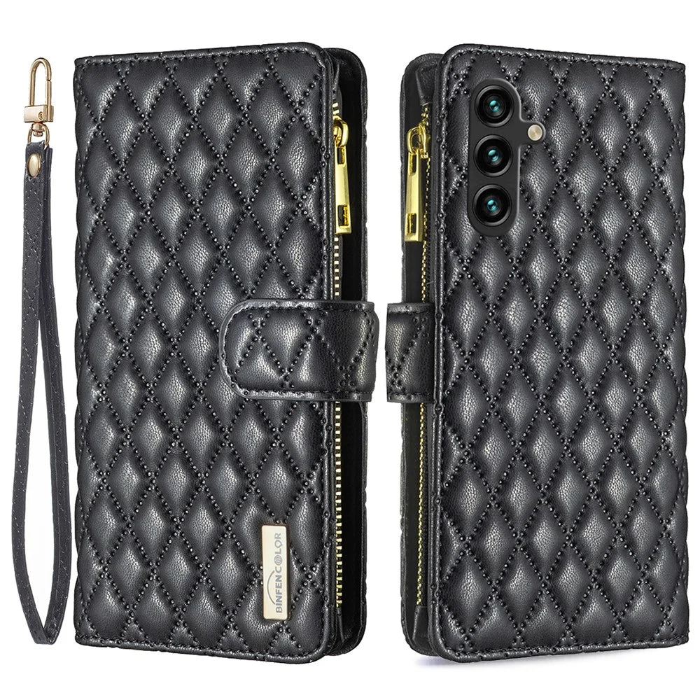 BINFEN COLOR BF Style-15 For Samsung Galaxy A55 5G Cell Phone Case Zipper Pocket Stand Protective Cover - Black - 1