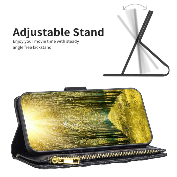 BINFEN COLOR BF Style-15 For Samsung Galaxy A55 5G Cell Phone Case Zipper Pocket Stand Protective Cover - Black - 2