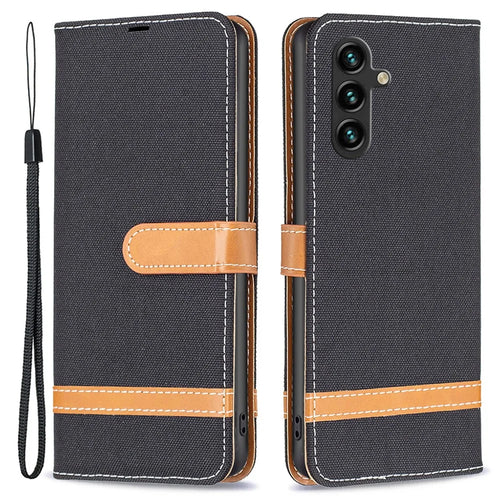 For Samsung Galaxy A55 5G Cell Phone Case Jeans Cloth Splicing Leather Stand Protective Cover - Black - 1
