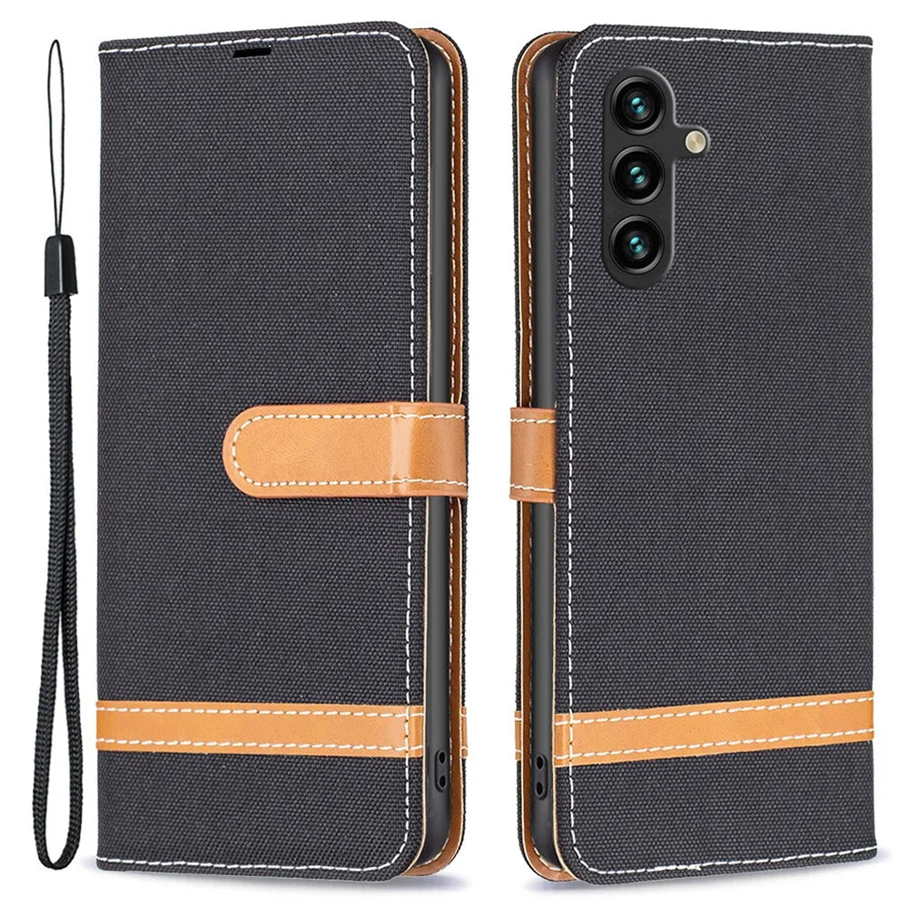For Samsung Galaxy A55 5G Cell Phone Case Jeans Cloth Splicing Leather Stand Protective Cover - Black - 1