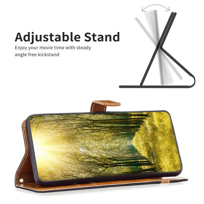 For Samsung Galaxy A55 5G Cell Phone Case Jeans Cloth Splicing Leather Stand Protective Cover - Black - 2