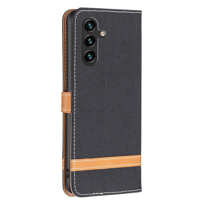For Samsung Galaxy A55 5G Cell Phone Case Jeans Cloth Splicing Leather Stand Protective Cover - Black - 5