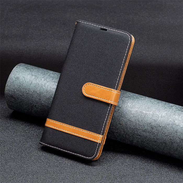 For Samsung Galaxy A55 5G Cell Phone Case Jeans Cloth Splicing Leather Stand Protective Cover - Black - 7