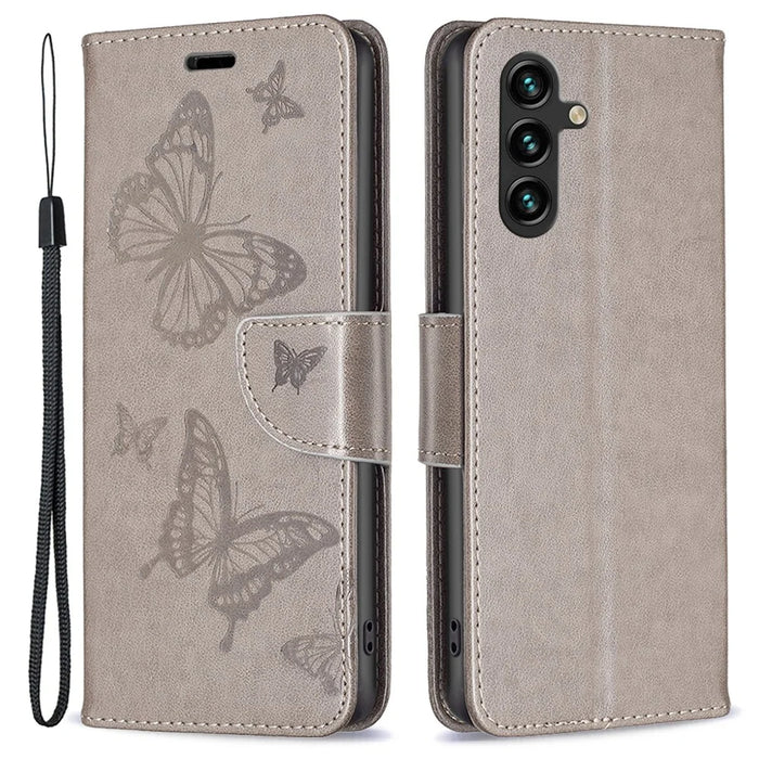 For Samsung Galaxy A55 5G Case Anti-Fall Butterfly Imprinted Leather Mobile Phone Stand Cover - Grey - 1