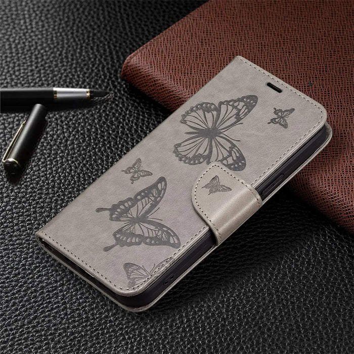 For Samsung Galaxy A55 5G Case Anti-Fall Butterfly Imprinted Leather Mobile Phone Stand Cover - Grey - 7