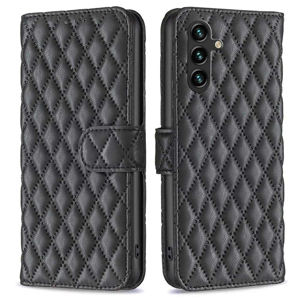 BINFEN COLOR BF Style-14 For Samsung Galaxy A55 5G Leather Case Rhombus Grid Pattern Phone Cover - Black - 1