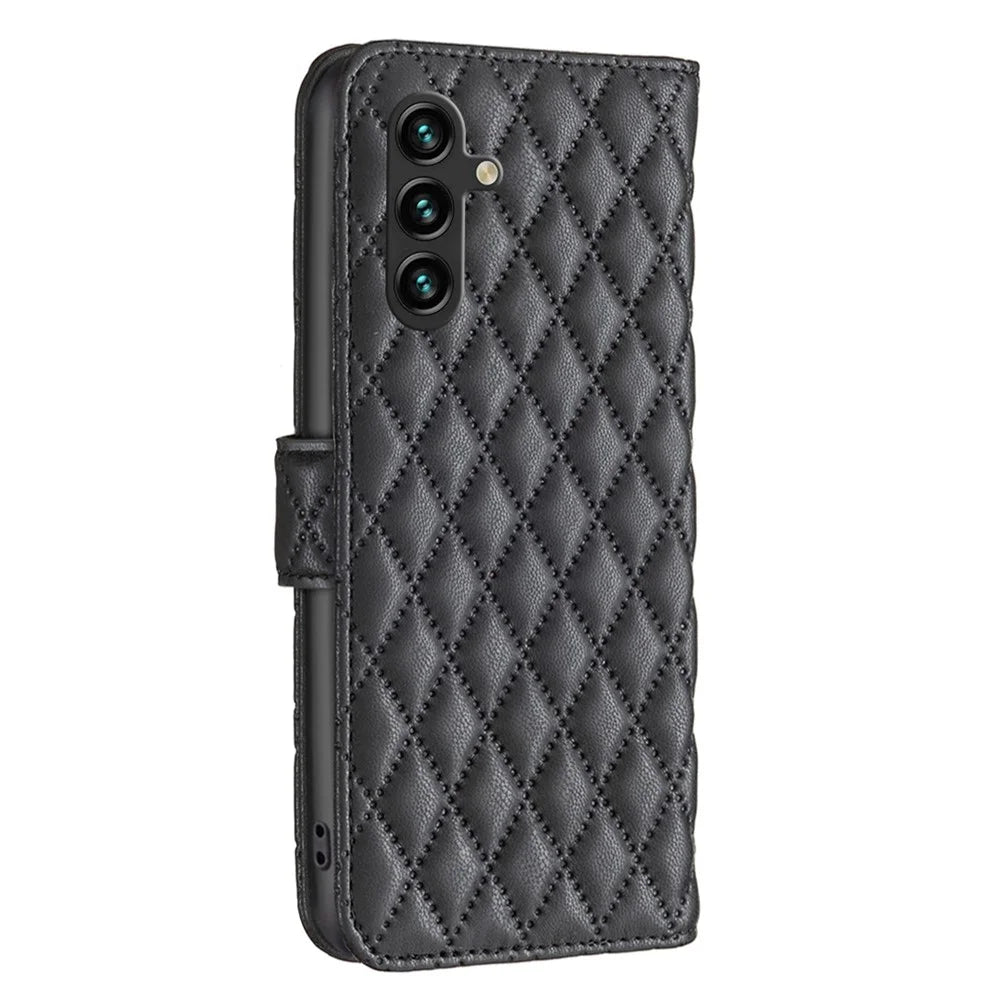 BINFEN COLOR BF Style-14 For Samsung Galaxy A55 5G Leather Case Rhombus Grid Pattern Phone Cover - Black - 5