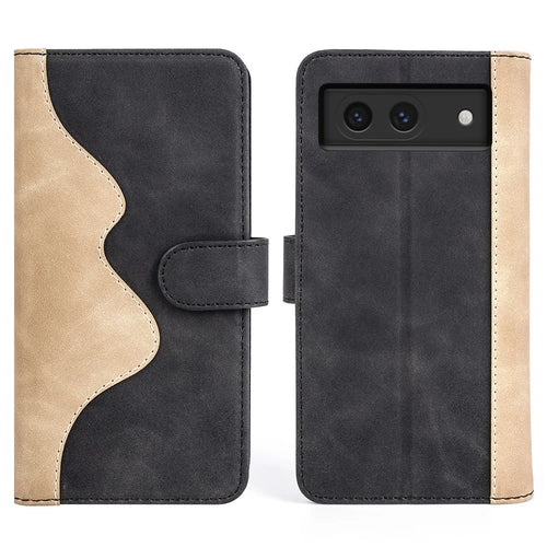 For Google Pixel 8a Case Color Splicing Phone Cover with Wallet Stand - Black - 1