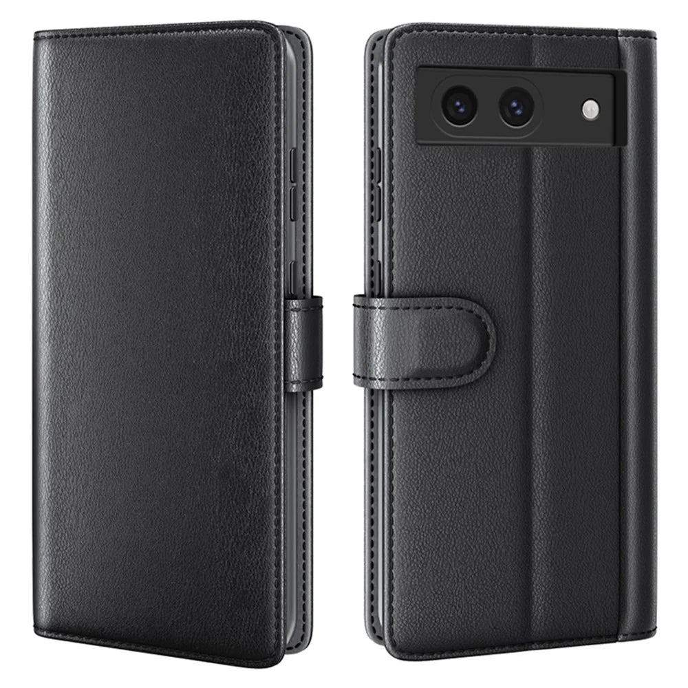 For Google Pixel 8a Case Genuine Split Leather Phone Cover with Wallet Stand - Black - 1