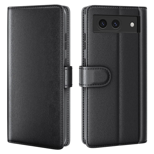 For Google Pixel 8a Case Genuine Split Leather Phone Cover with Wallet Stand - Black - 1