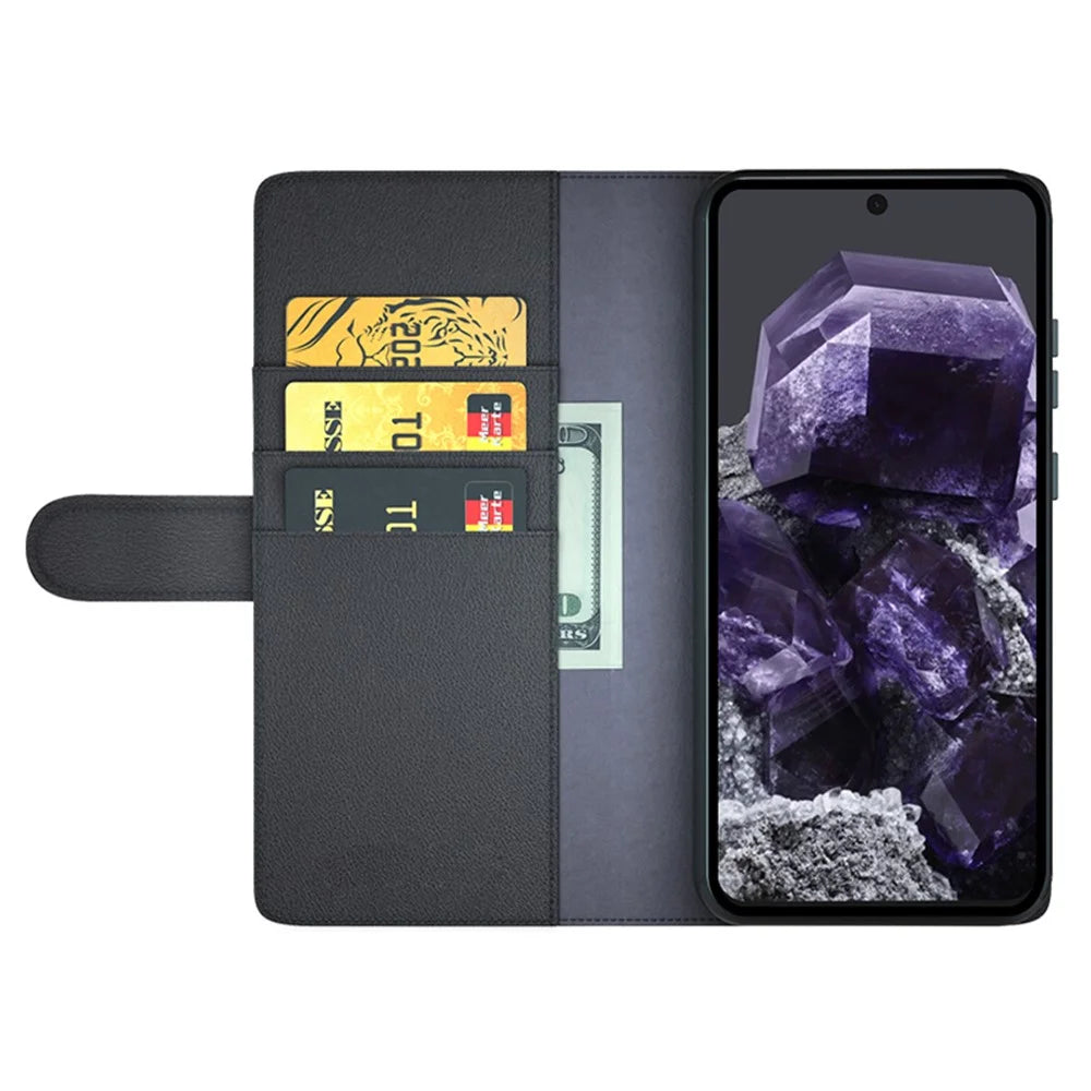 For Google Pixel 8a Case Genuine Split Leather Phone Cover with Wallet Stand - Black - 2