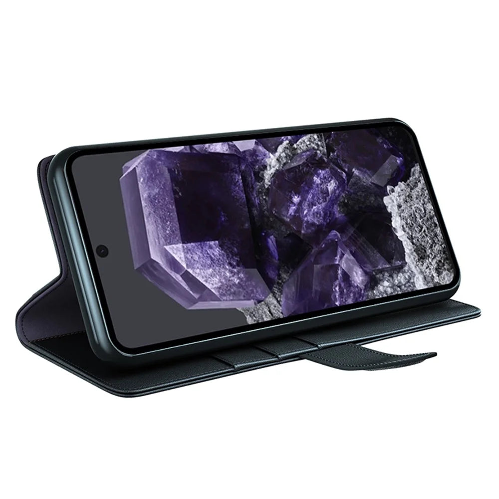 For Google Pixel 8a Case Genuine Split Leather Phone Cover with Wallet Stand - Black - 3