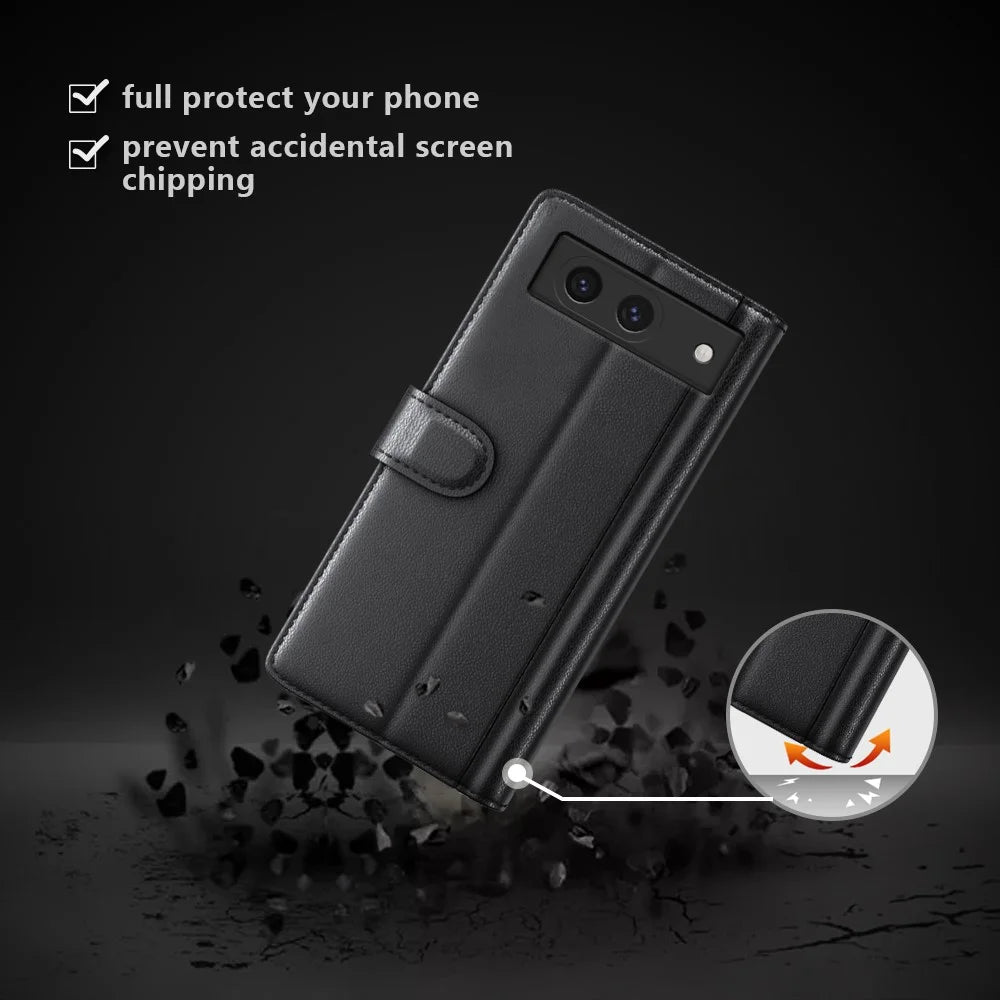 For Google Pixel 8a Case Genuine Split Leather Phone Cover with Wallet Stand - Black - 4