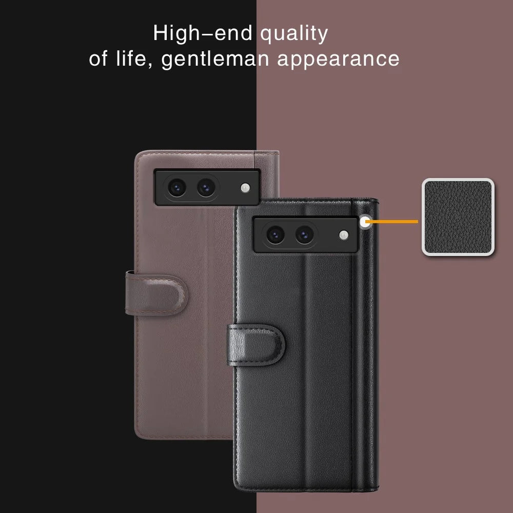 For Google Pixel 8a Case Genuine Split Leather Phone Cover with Wallet Stand - Black - 5