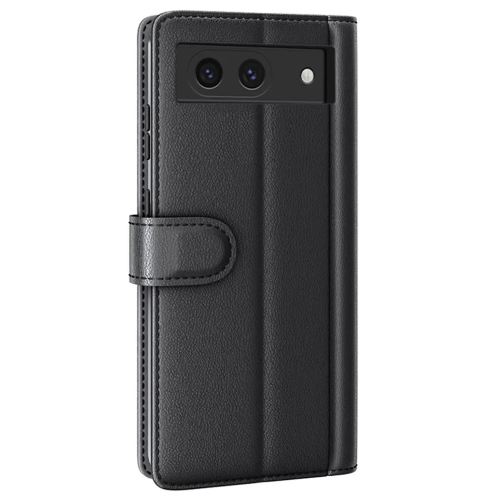 For Google Pixel 8a Case Genuine Split Leather Phone Cover with Wallet Stand - Black - 6