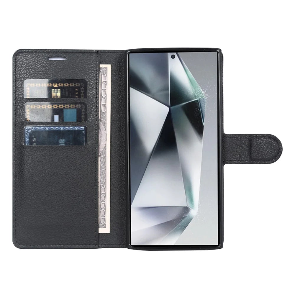 For Samsung Galaxy S24 Ultra Case Litchi Texture Wallet Phone Cover with Stand - Black - 2