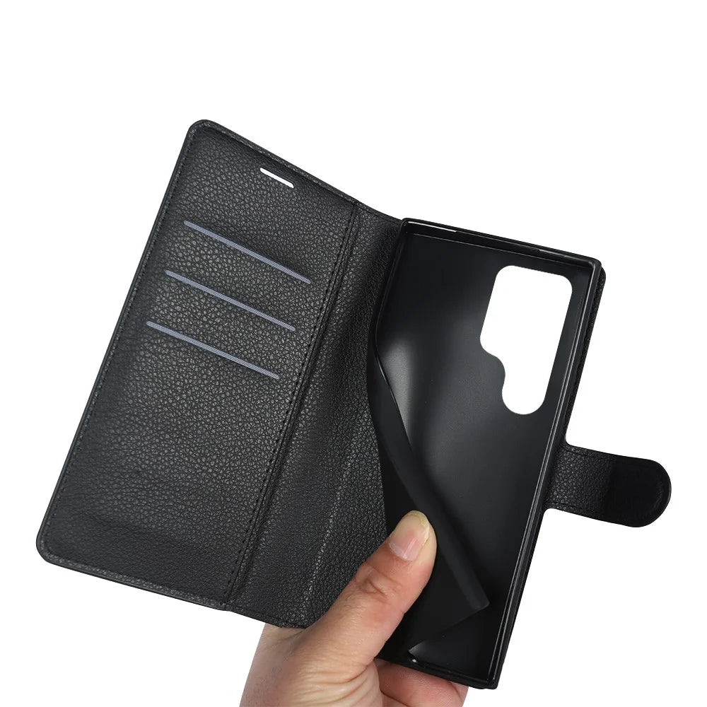 For Samsung Galaxy S24 Ultra Case Litchi Texture Wallet Phone Cover with Stand - Black - 5
