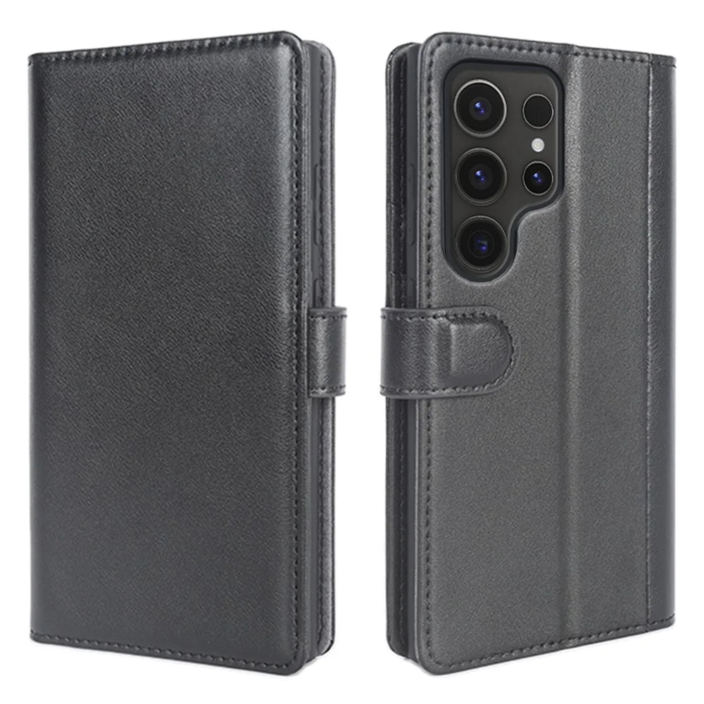 For Samsung Galaxy S24 Ultra Case Genuine Split Leather Phone Cover with Wallet Stand - Black - 1