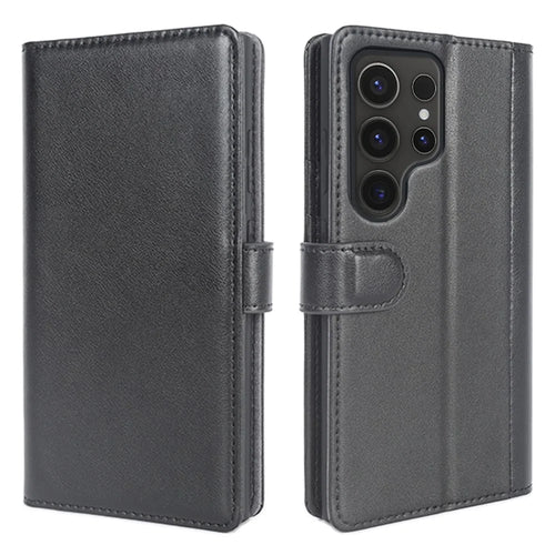 For Samsung Galaxy S24 Ultra Case Genuine Split Leather Phone Cover with Wallet Stand - Black - 1