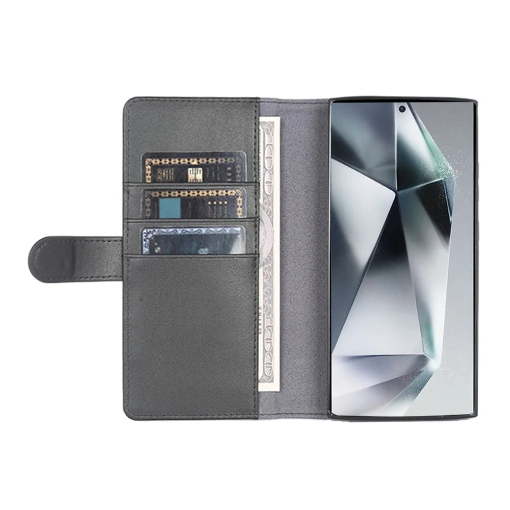 For Samsung Galaxy S24 Ultra Case Genuine Split Leather Phone Cover with Wallet Stand - Black - 2