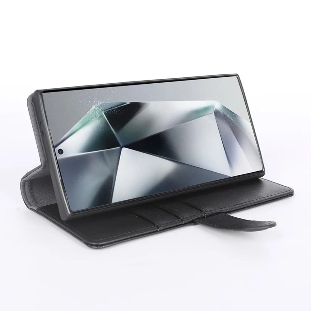For Samsung Galaxy S24 Ultra Case Genuine Split Leather Phone Cover with Wallet Stand - Black - 3