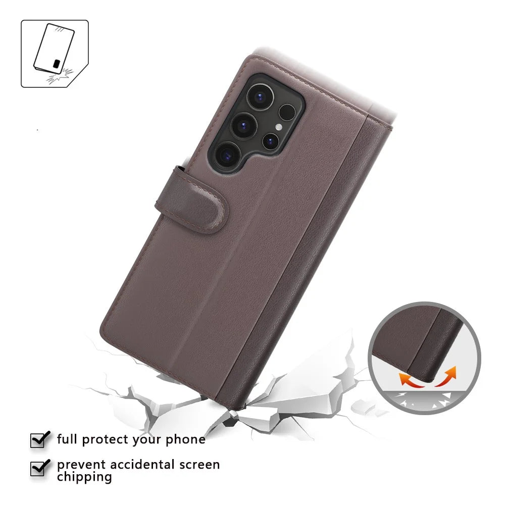 For Samsung Galaxy S24 Ultra Case Genuine Split Leather Phone Cover with Wallet Stand - Black - 4