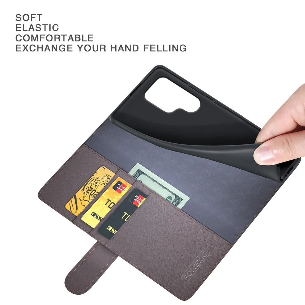 For Samsung Galaxy S24 Ultra Case Genuine Split Leather Phone Cover with Wallet Stand - Black - 5
