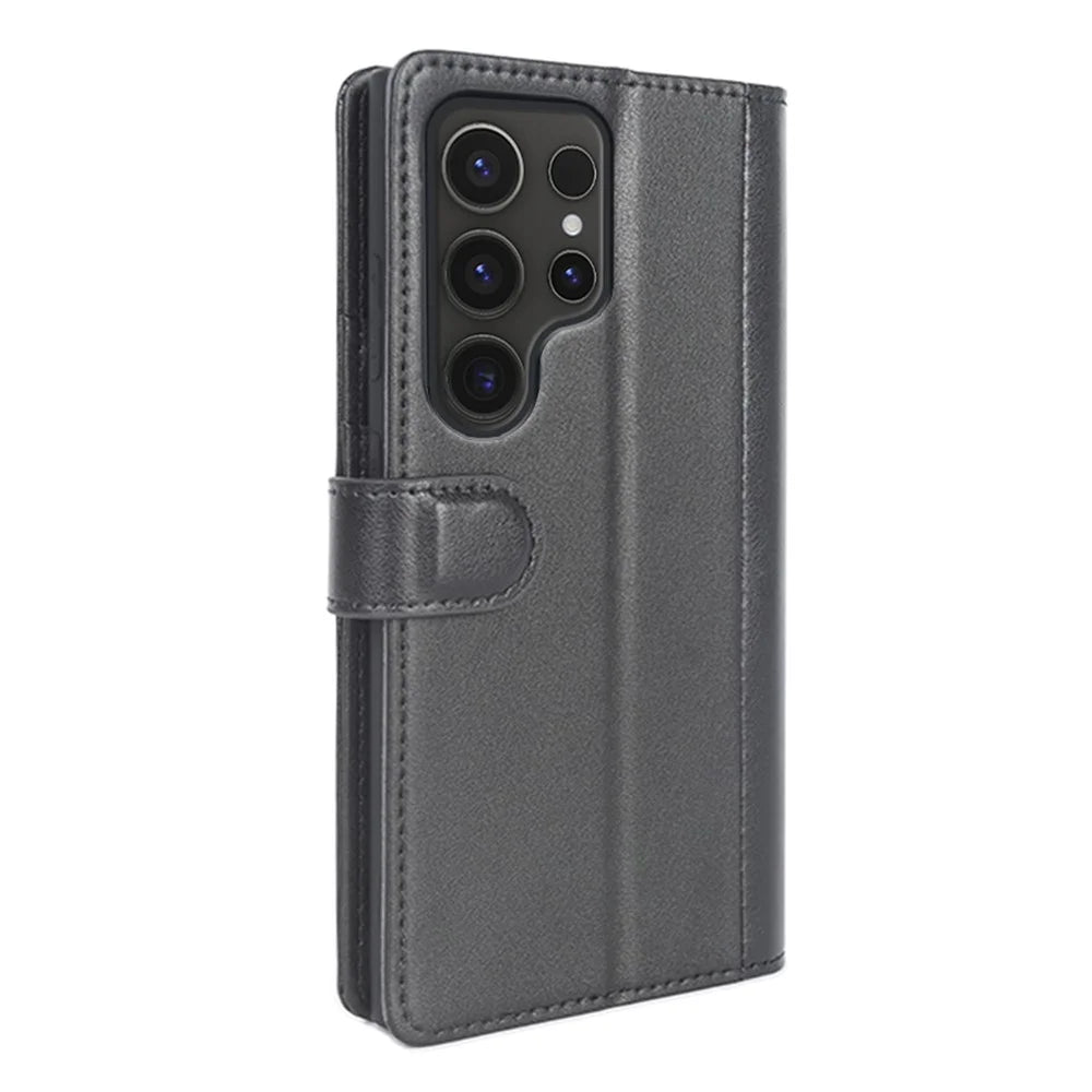 For Samsung Galaxy S24 Ultra Case Genuine Split Leather Phone Cover with Wallet Stand - Black - 7