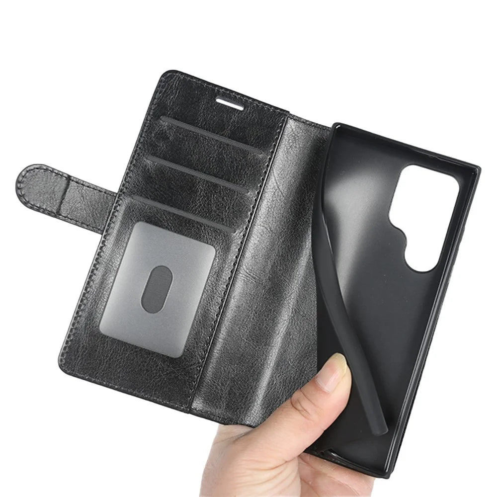 For Samsung Galaxy S24 Ultra Case Crazy Horse Texture Wallet Phone Case PU Leather Flip Cover - Black - 5