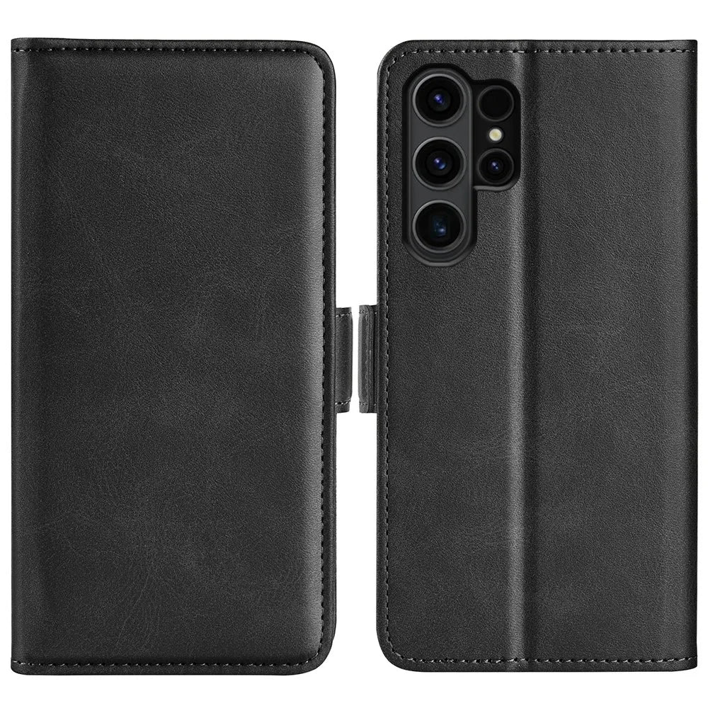 For Samsung Galaxy S24 Ultra Case PU Leather Dual Magnetic Clasp Protective Cover - Black - 1